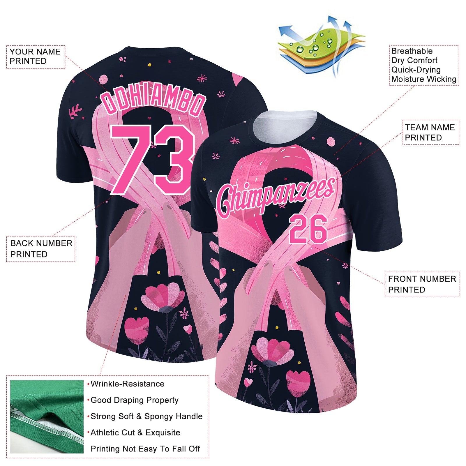 Custom Black Pink-White 3D Pink Ribbon Breast Cancer Performance T-Shirt view 2