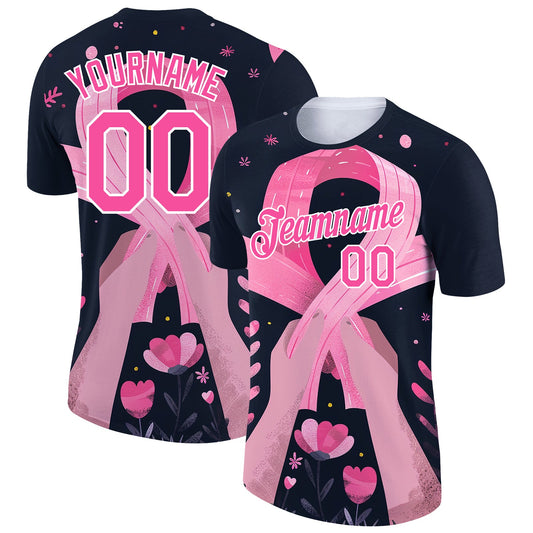 Custom Black Pink-White 3D Pink Ribbon Breast Cancer Performance T-Shirt - Main View
