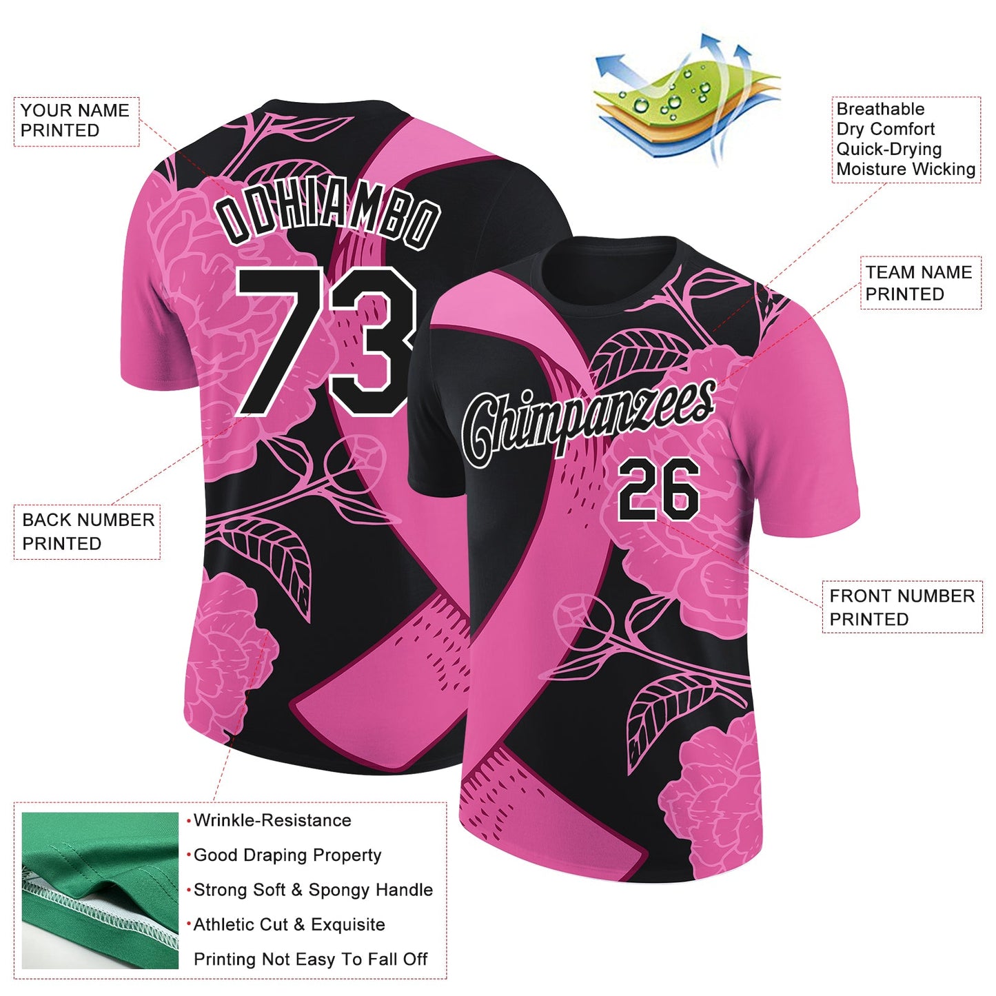 Custom Black Pink-White 3D Pink Ribbon Breast Cancer Performance T-Shirt view 2