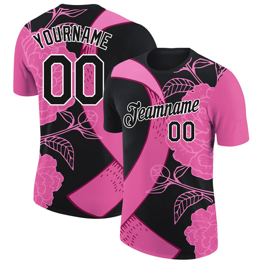 Custom Black Pink-White 3D Pink Ribbon Breast Cancer Performance T-Shirt - Main View
