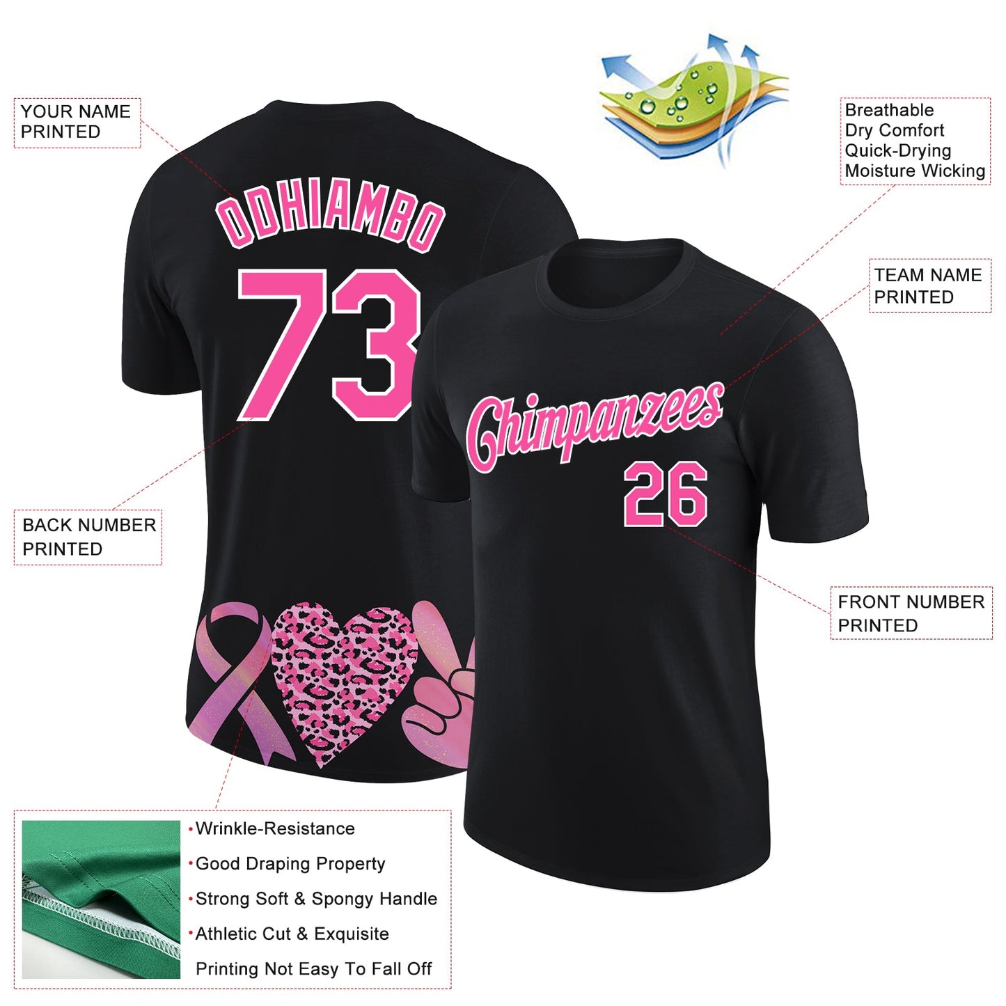 Custom Black Pink-White 3D Pink Ribbon Breast Cancer Performance T-Shirt view 2