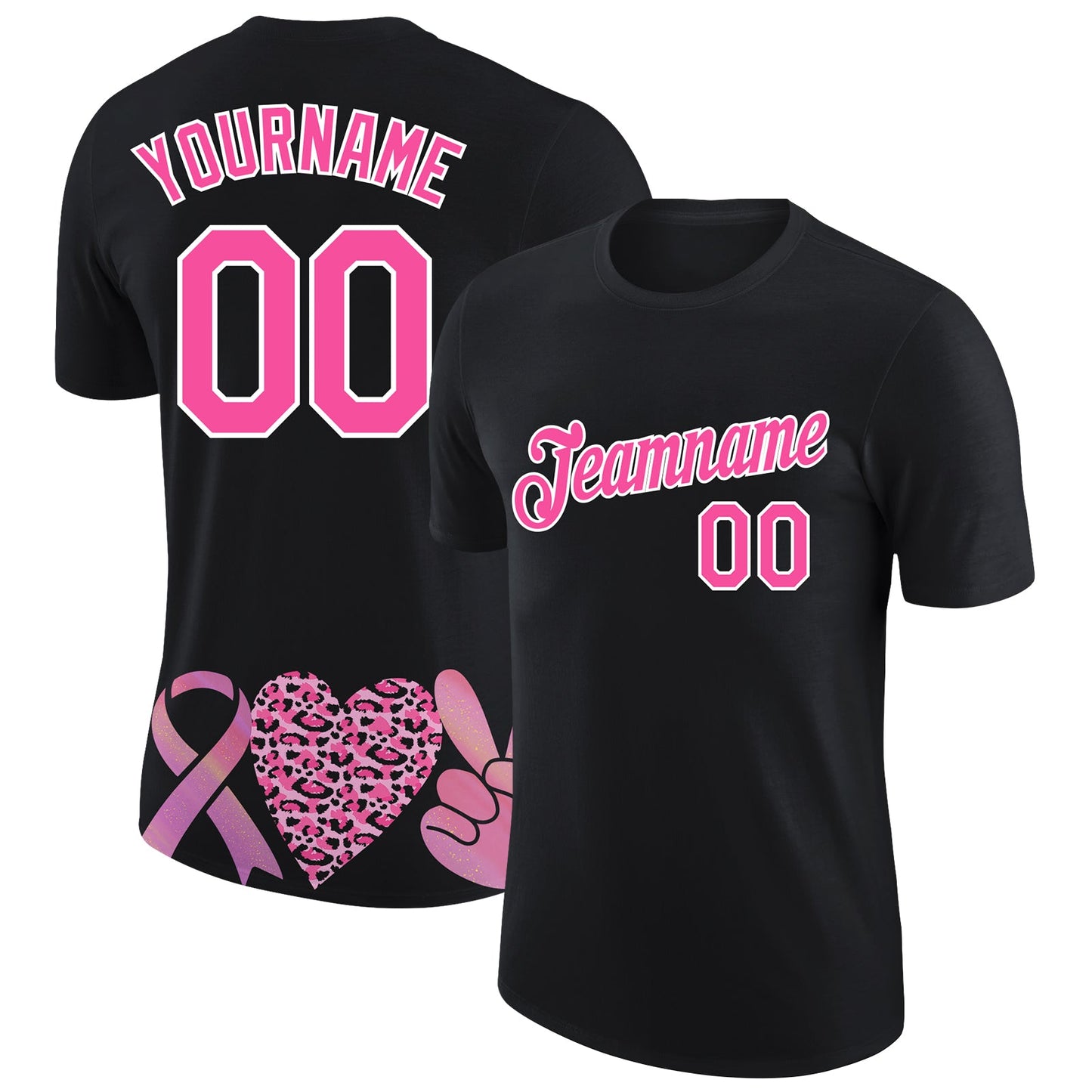 Custom Black Pink-White 3D Pink Ribbon Breast Cancer Performance T-Shirt - Main View