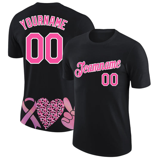 Custom Black Pink-White 3D Pink Ribbon Breast Cancer Performance T-Shirt - Main View