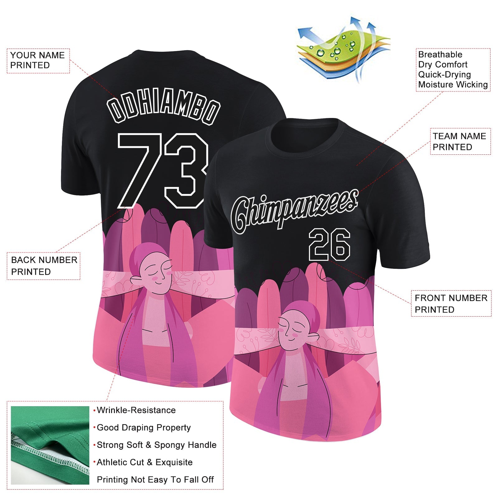 Custom Black Pink-White 3D Pink Ribbon Breast Cancer Performance T-Shirt view 2