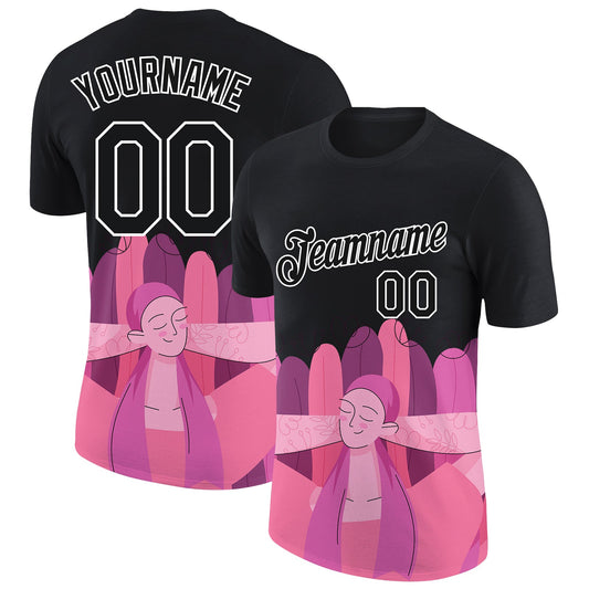 Custom Black Pink-White 3D Pink Ribbon Breast Cancer Performance T-Shirt - Main View