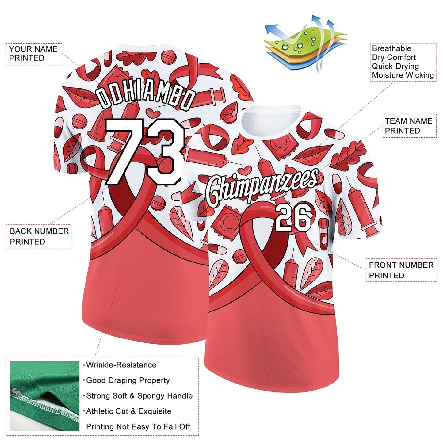 Custom Red White-Black 3D Pattern Design World AIDS Day Performance T-Shirt view 2