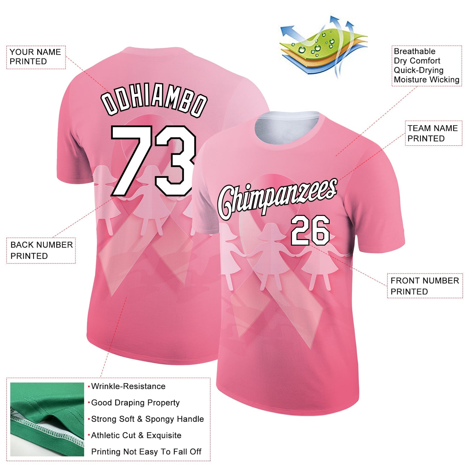 Custom Medium Pink White-Black 3D Pink Ribbon Breast Cancer Performance T-Shirt view 2