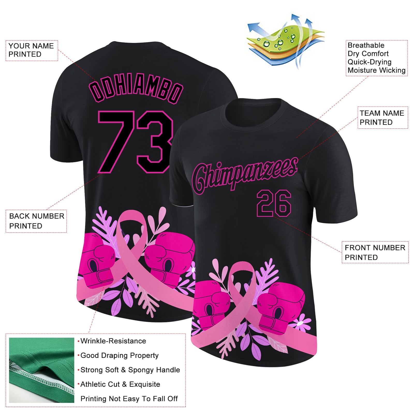 Custom Black Deep Pink 3D Pink Ribbon Breast Cancer Performance T-Shirt view 2