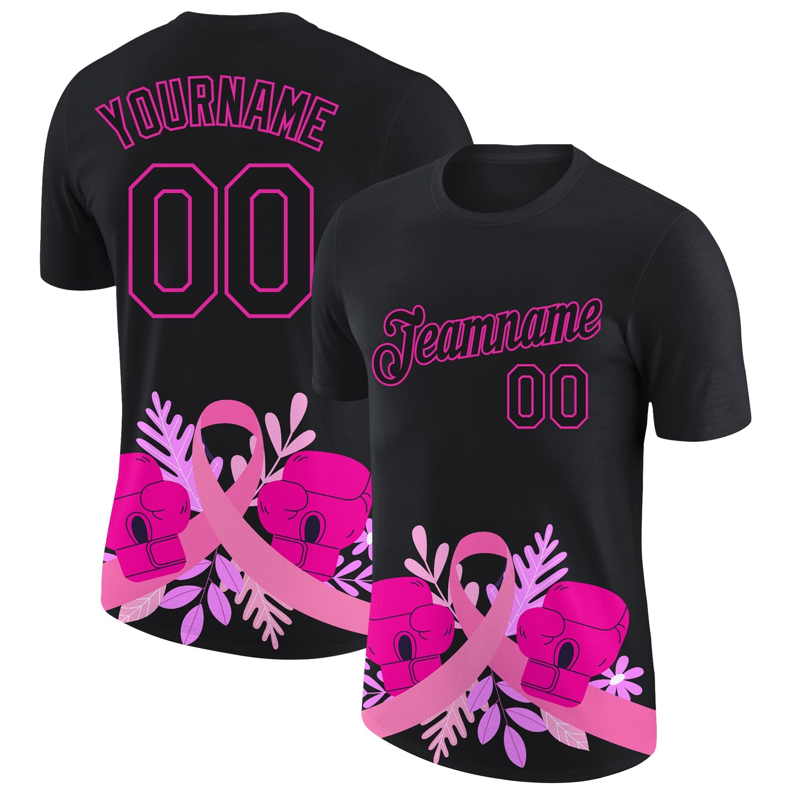 Custom Black Deep Pink 3D Pink Ribbon Breast Cancer Performance T-Shirt - Main View