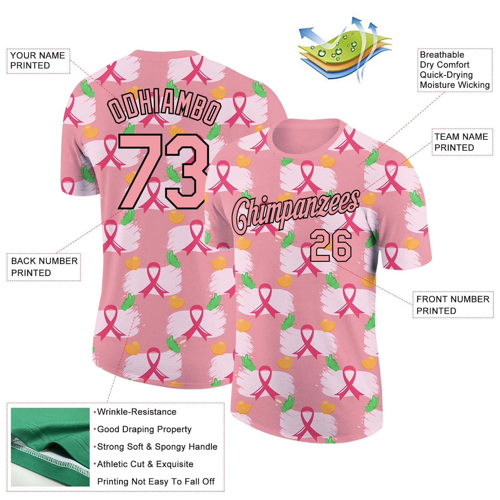 Custom Medium Pink Black 3D Pink Ribbon Breast Cancer Performance T-Shirt view 2