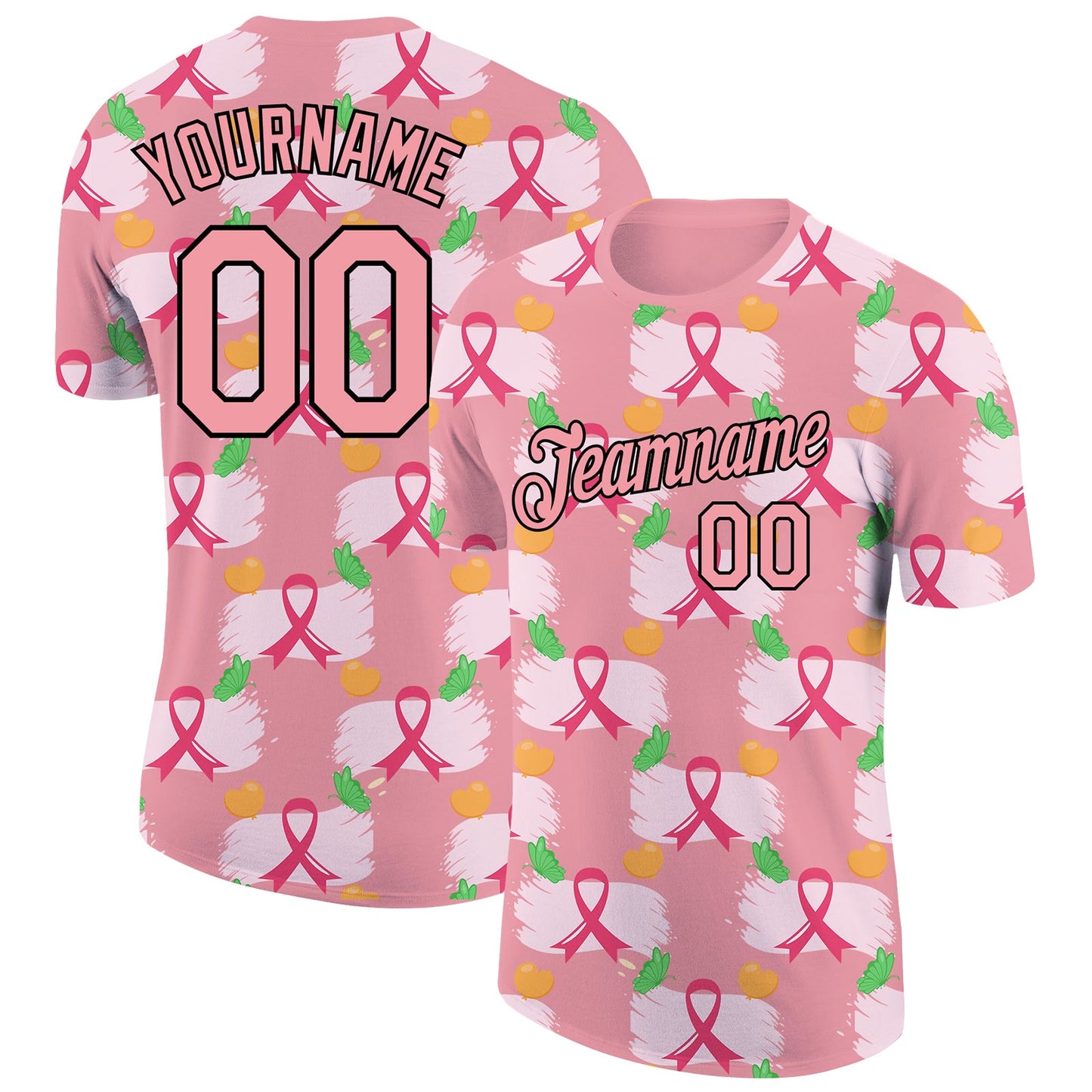 Custom Medium Pink Black 3D Pink Ribbon Breast Cancer Performance T-Shirt - Main View