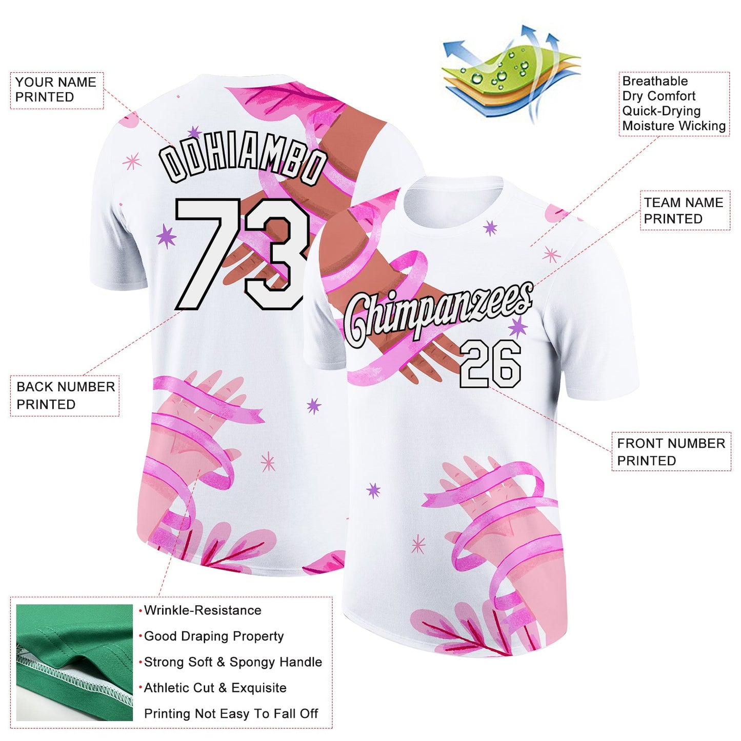 Custom White Black 3D Pink Ribbon Breast Cancer Performance T-Shirt view 2