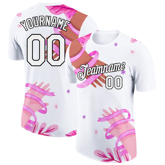 Custom White Black 3D Pink Ribbon Breast Cancer Performance T-Shirt - Main View