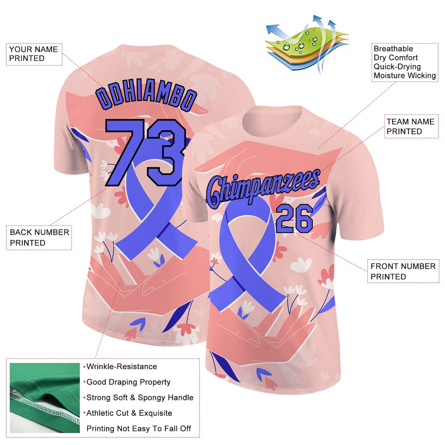 Custom Medium Pink Powder Blue-Black 3D Pattern Design World Cancer Day Performance T-Shirt view 2
