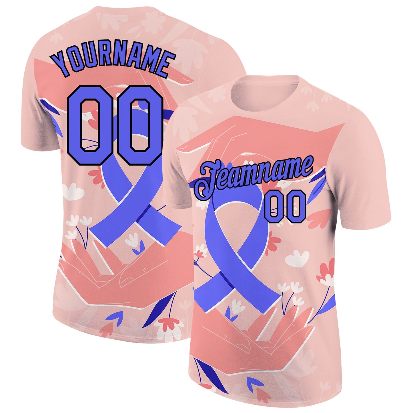 Custom Medium Pink Powder Blue-Black 3D Pattern Design World Cancer Day Performance T-Shirt - Main View