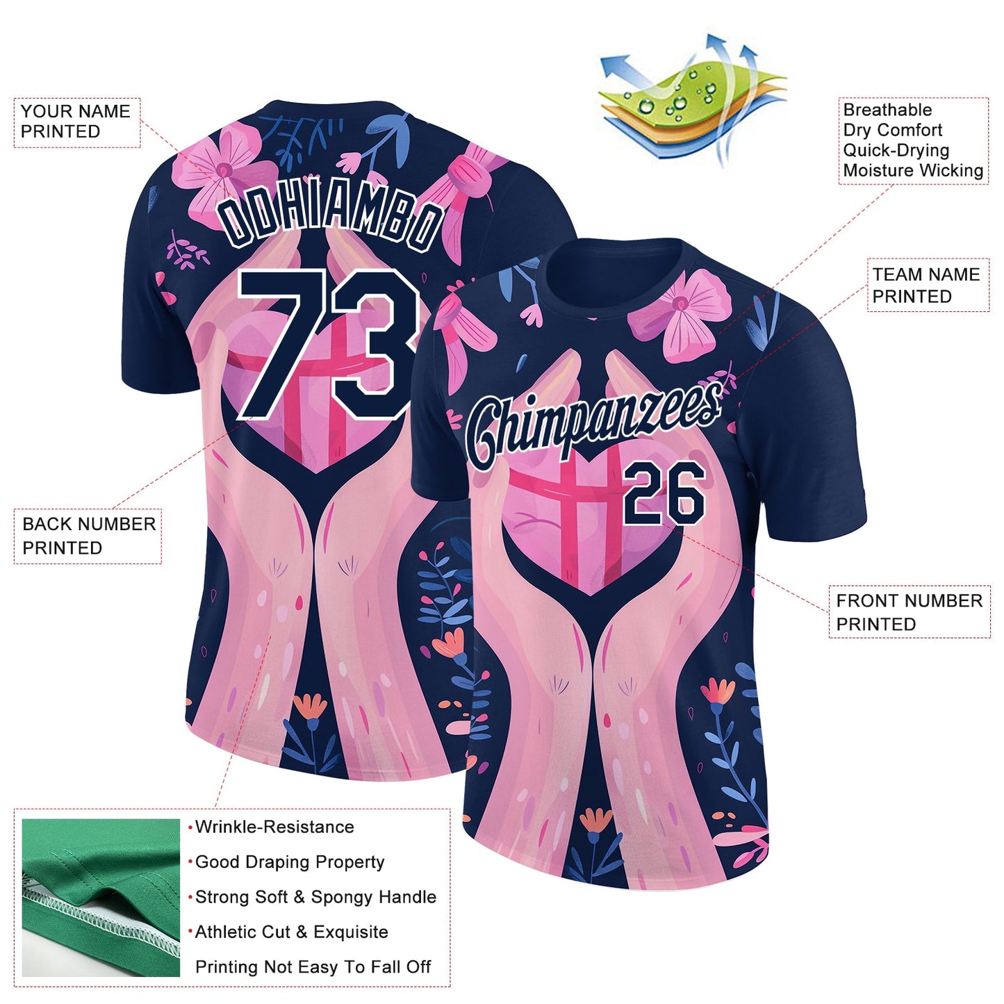 Custom Navy White 3D Pink Ribbon Breast Cancer Performance T-Shirt view 2