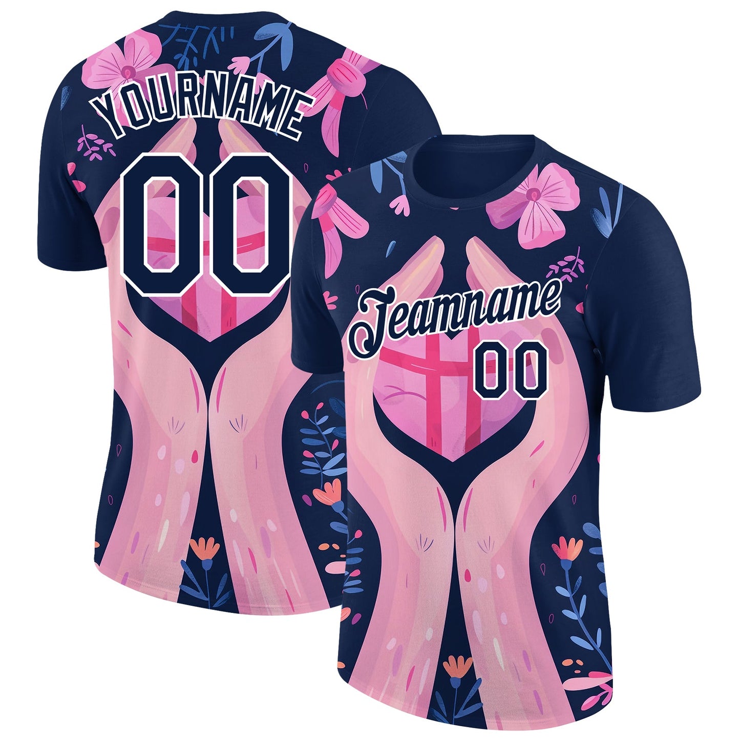 Custom Navy White 3D Pink Ribbon Breast Cancer Performance T-Shirt - Main View