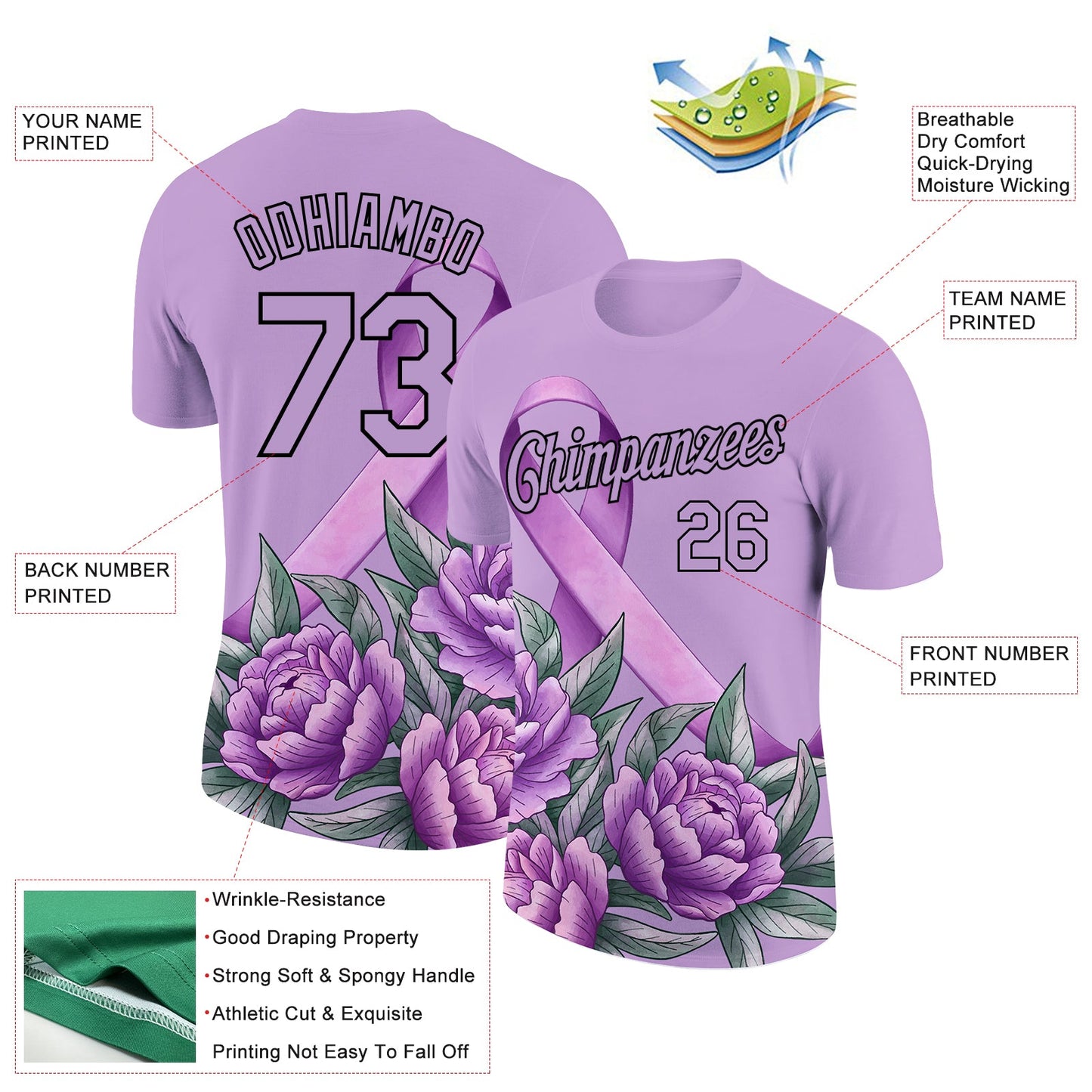 Custom Medium Purple Black 3D Pattern Design World Cancer Day Performance T-Shirt view 2