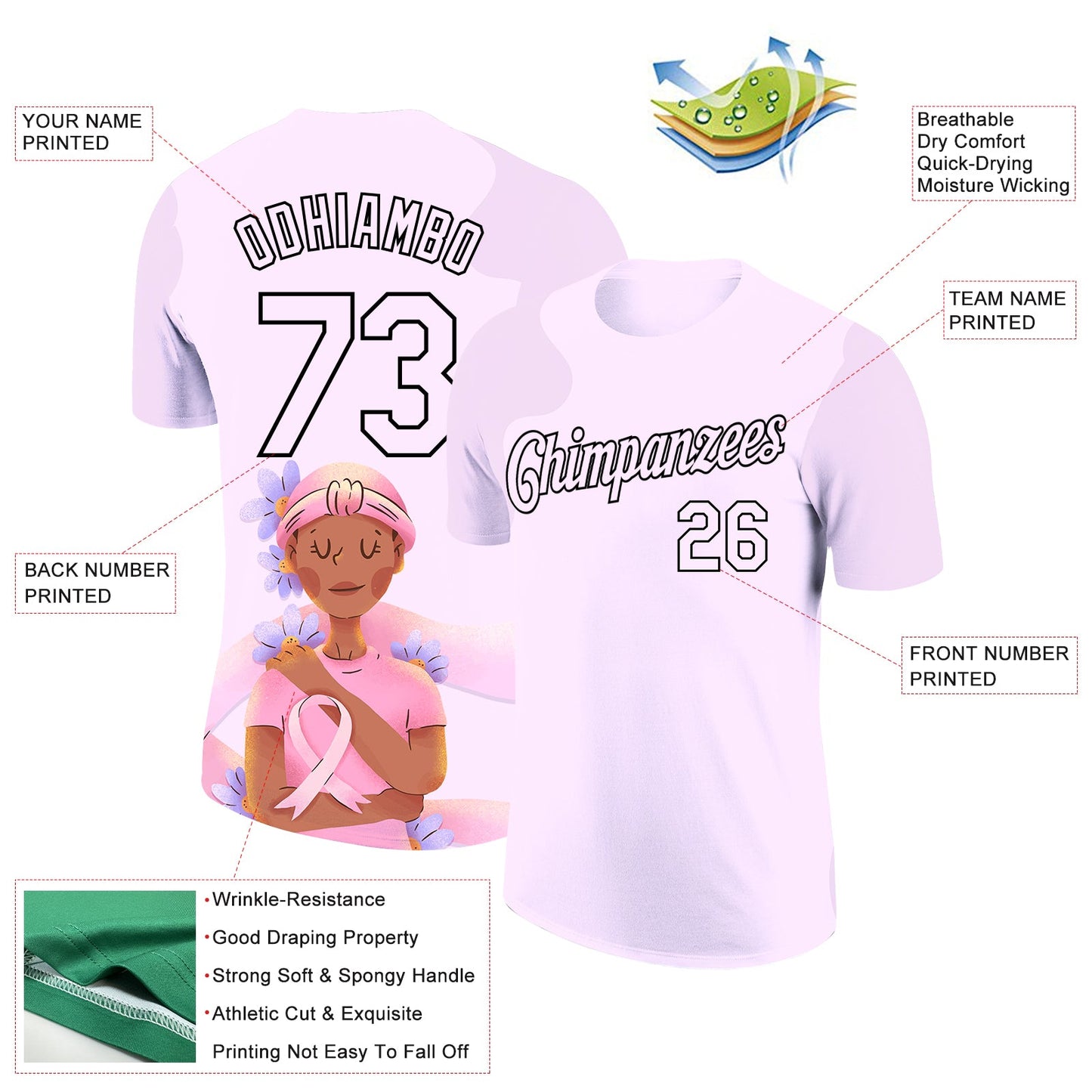 Custom Light Purple Black 3D Pink Ribbon Breast Cancer Performance T-Shirt view 2