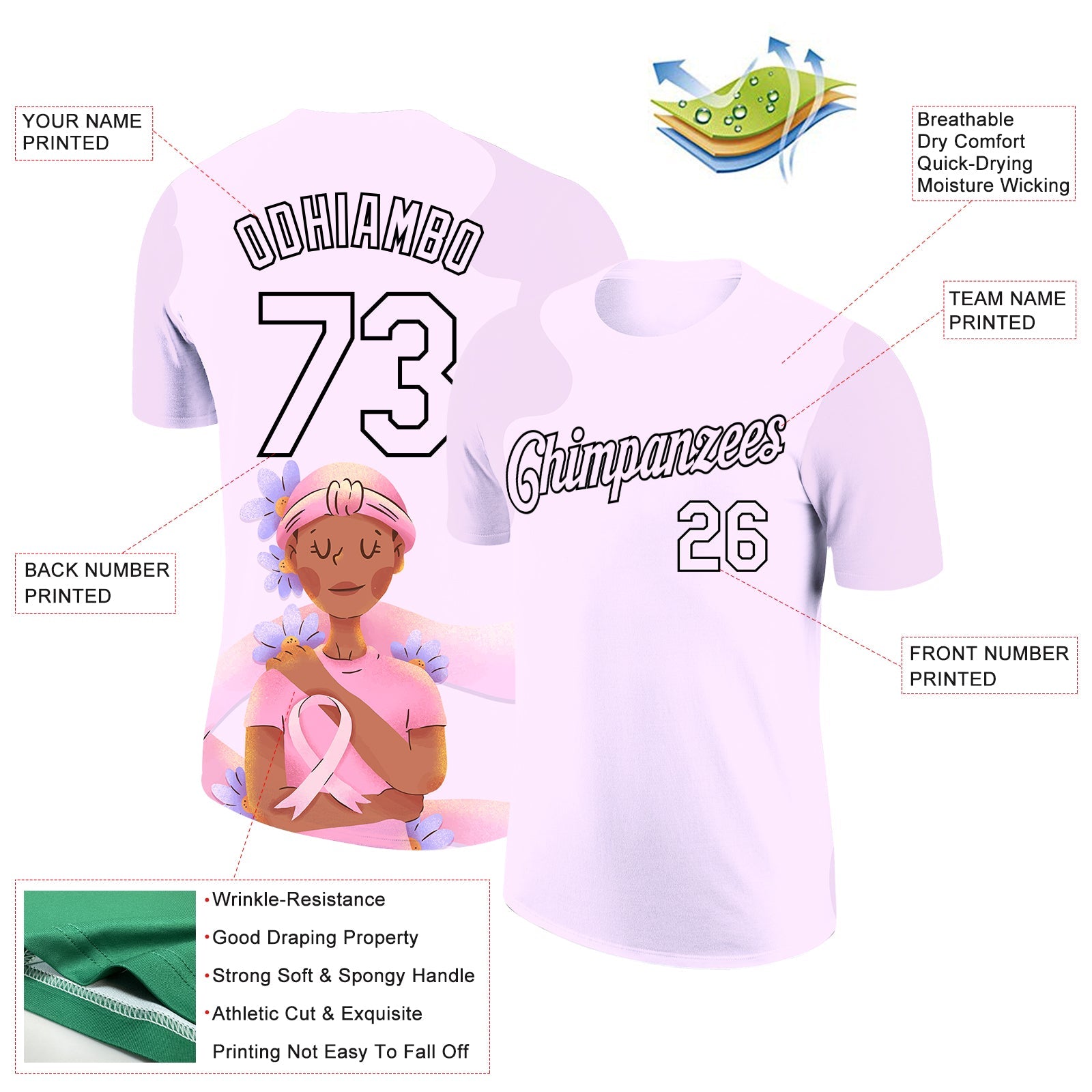 Custom Light Purple Black 3D Pink Ribbon Breast Cancer Performance T-Shirt view 2