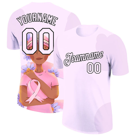 Custom Light Purple Black 3D Pink Ribbon Breast Cancer Performance T-Shirt - Main View