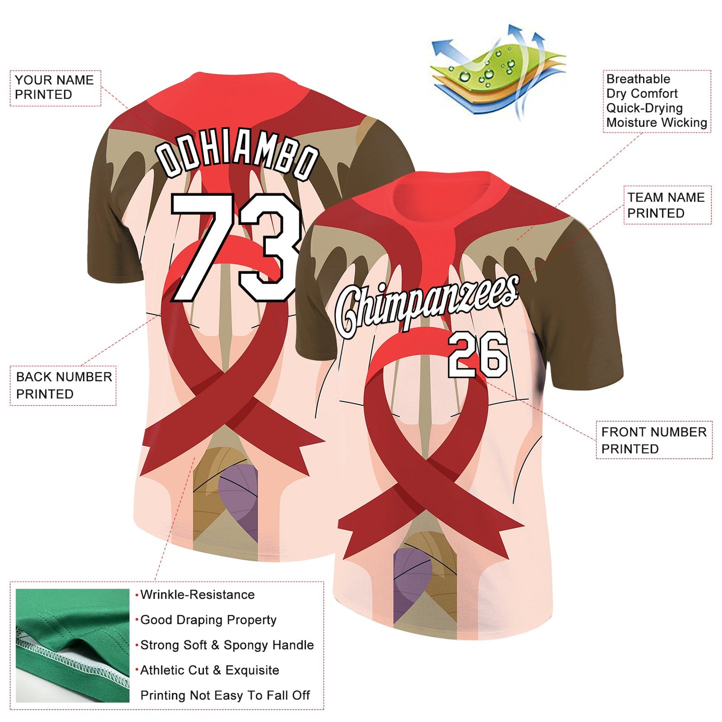 Custom Red White-Black 3D Pattern Design World AIDS Day Performance T-Shirt view 2