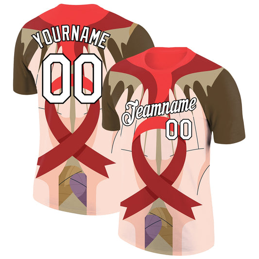 Custom Red White-Black 3D Pattern Design World AIDS Day Performance T-Shirt - Main View