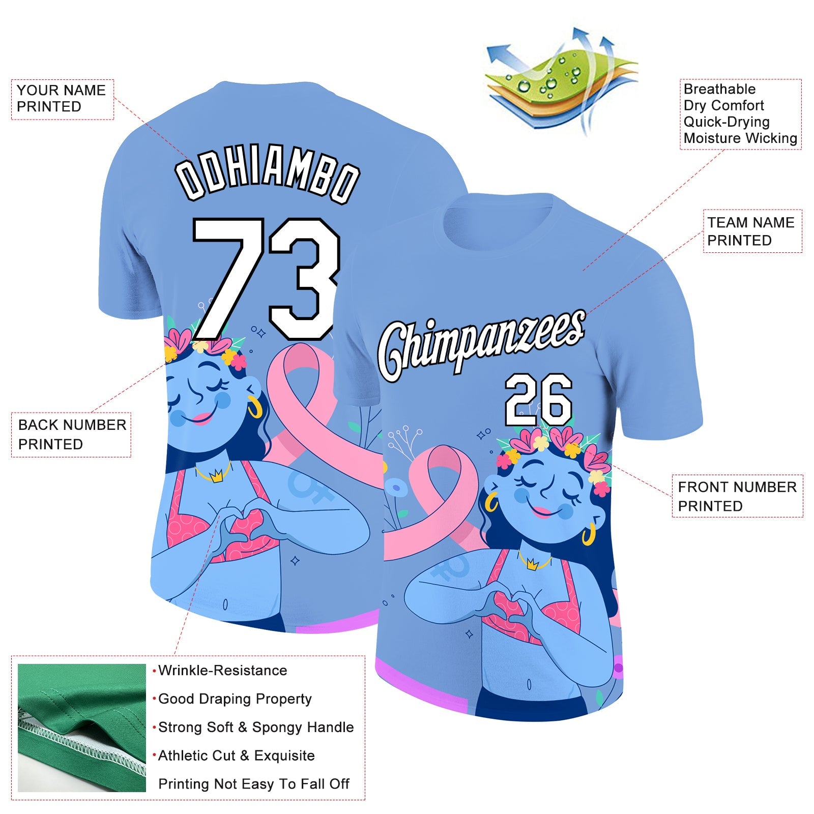 Custom Light Blue White-Black 3D Pink Ribbon Breast Cancer Performance T-Shirt view 2