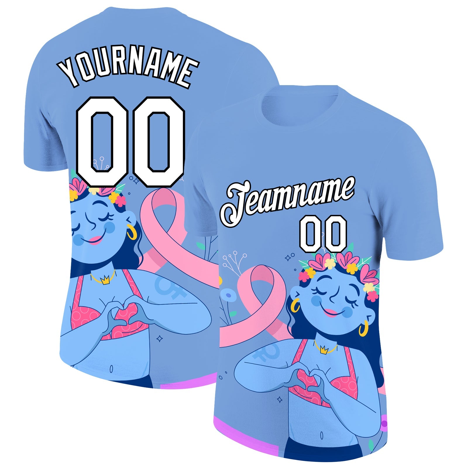 Custom Light Blue White-Black 3D Pink Ribbon Breast Cancer Performance T-Shirt - Main View