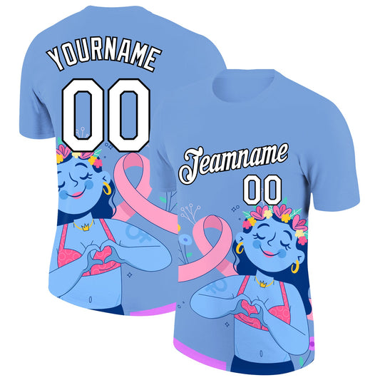 Custom Light Blue White-Black 3D Pink Ribbon Breast Cancer Performance T-Shirt - Main View