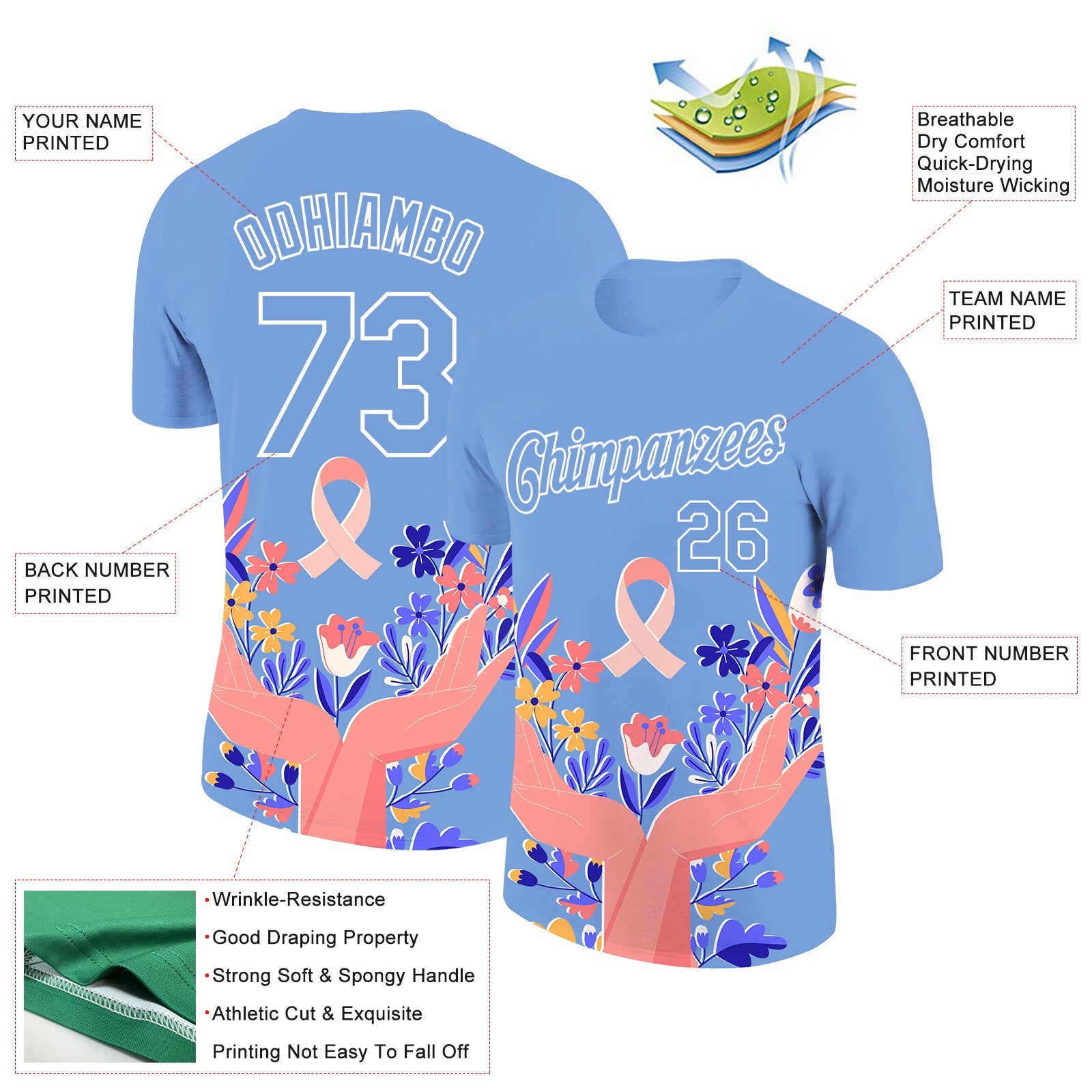 Custom Light Blue White 3D Pink Ribbon Breast Cancer Performance T-Shirt view 2