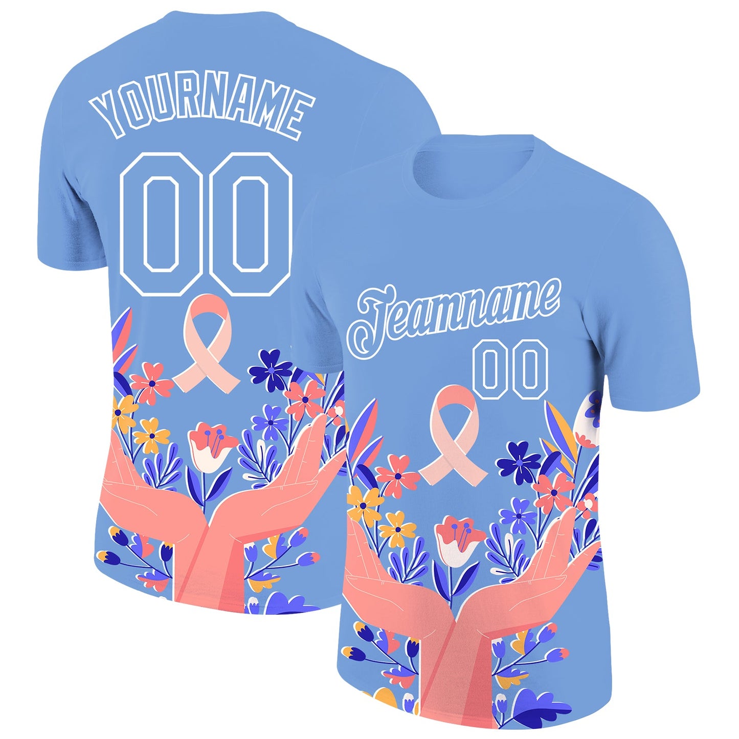 Custom Light Blue White 3D Pink Ribbon Breast Cancer Performance T-Shirt - Main View