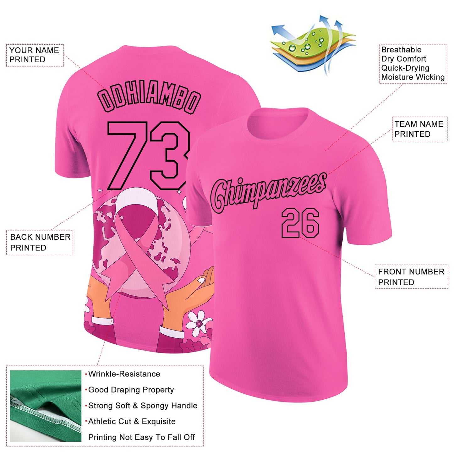 Custom Pink Black 3D Pink Ribbon Breast Cancer Performance T-Shirt view 2