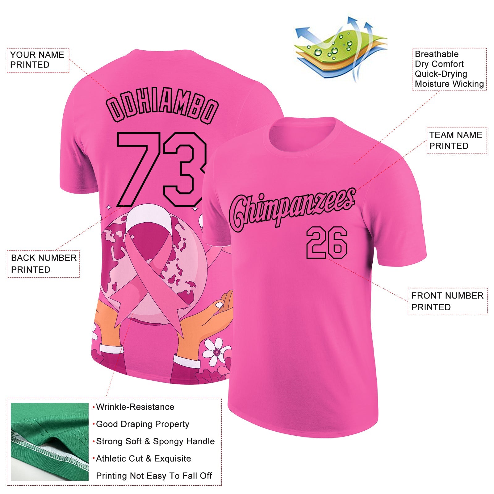 Custom Pink Black 3D Pink Ribbon Breast Cancer Performance T-Shirt view 2