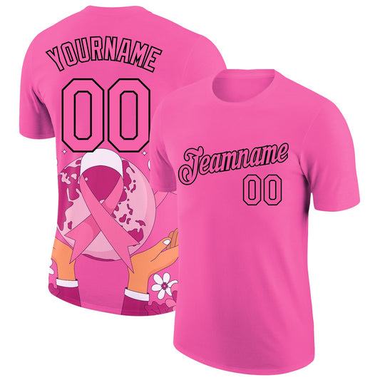Custom Pink Black 3D Pink Ribbon Breast Cancer Performance T-Shirt - Main View