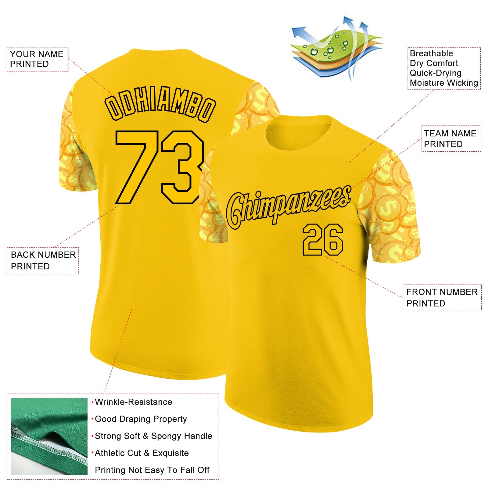 Custom Yellow Black 3D Pattern Design Dollar Sign Money Theme Performance T-Shirt view 2