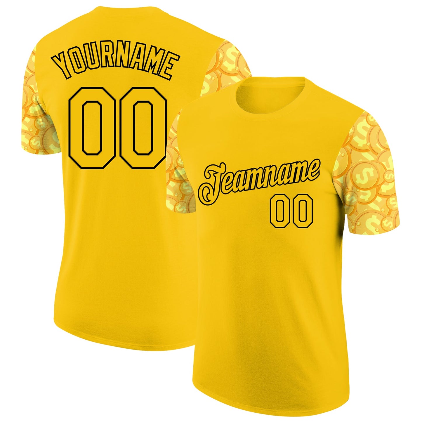 Custom Yellow Black 3D Pattern Design Dollar Sign Money Theme Performance T-Shirt - Main View