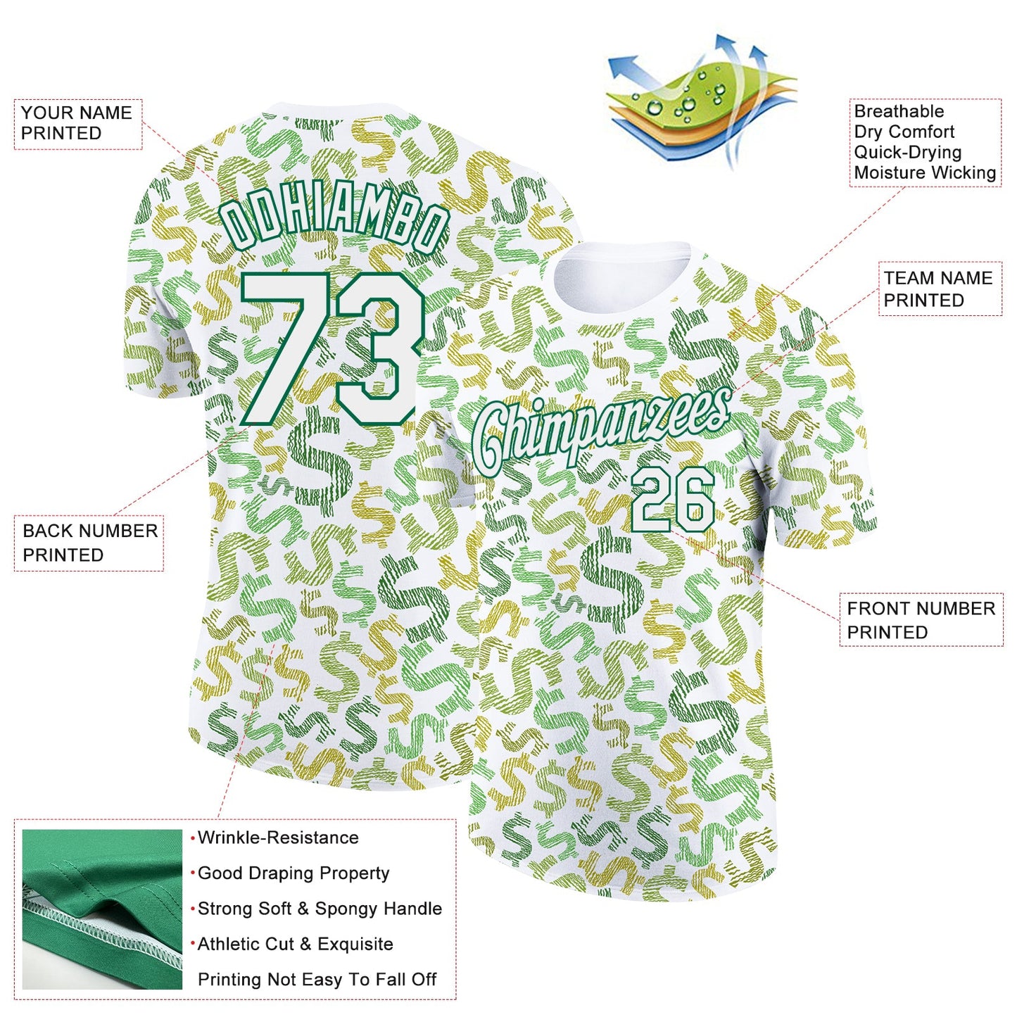 Custom White Kelly Green 3D Pattern Design Dollar Sign Money Theme Performance T-Shirt view 2