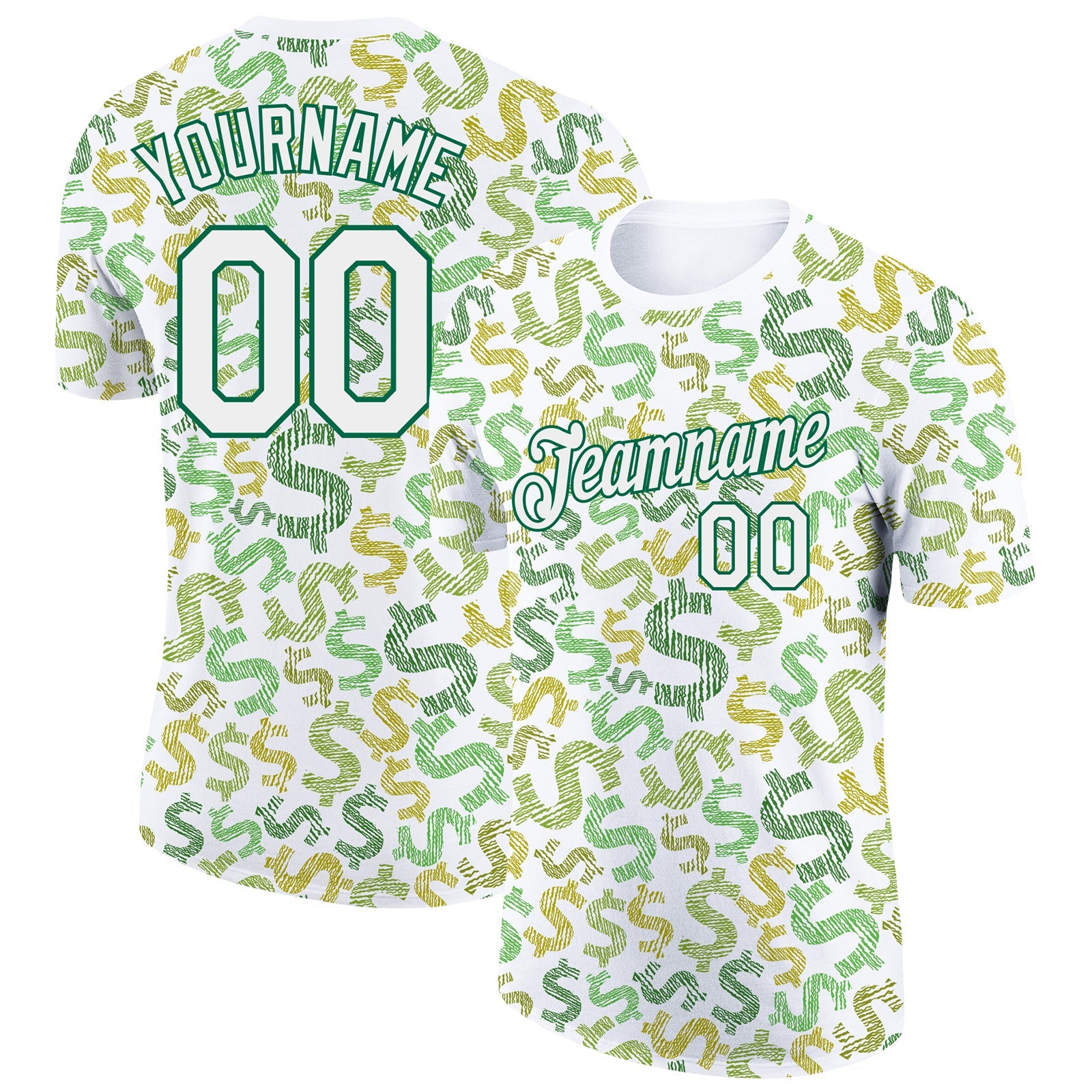 Custom White Kelly Green 3D Pattern Design Dollar Sign Money Theme Performance T-Shirt - Main View