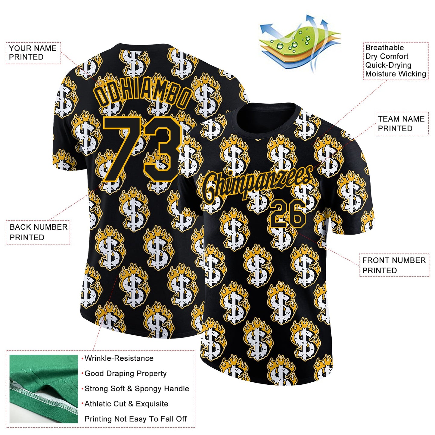 Custom Black Gold 3D Pattern Design Burnfiring Dollar Sign Money Theme Performance T-Shirt view 2