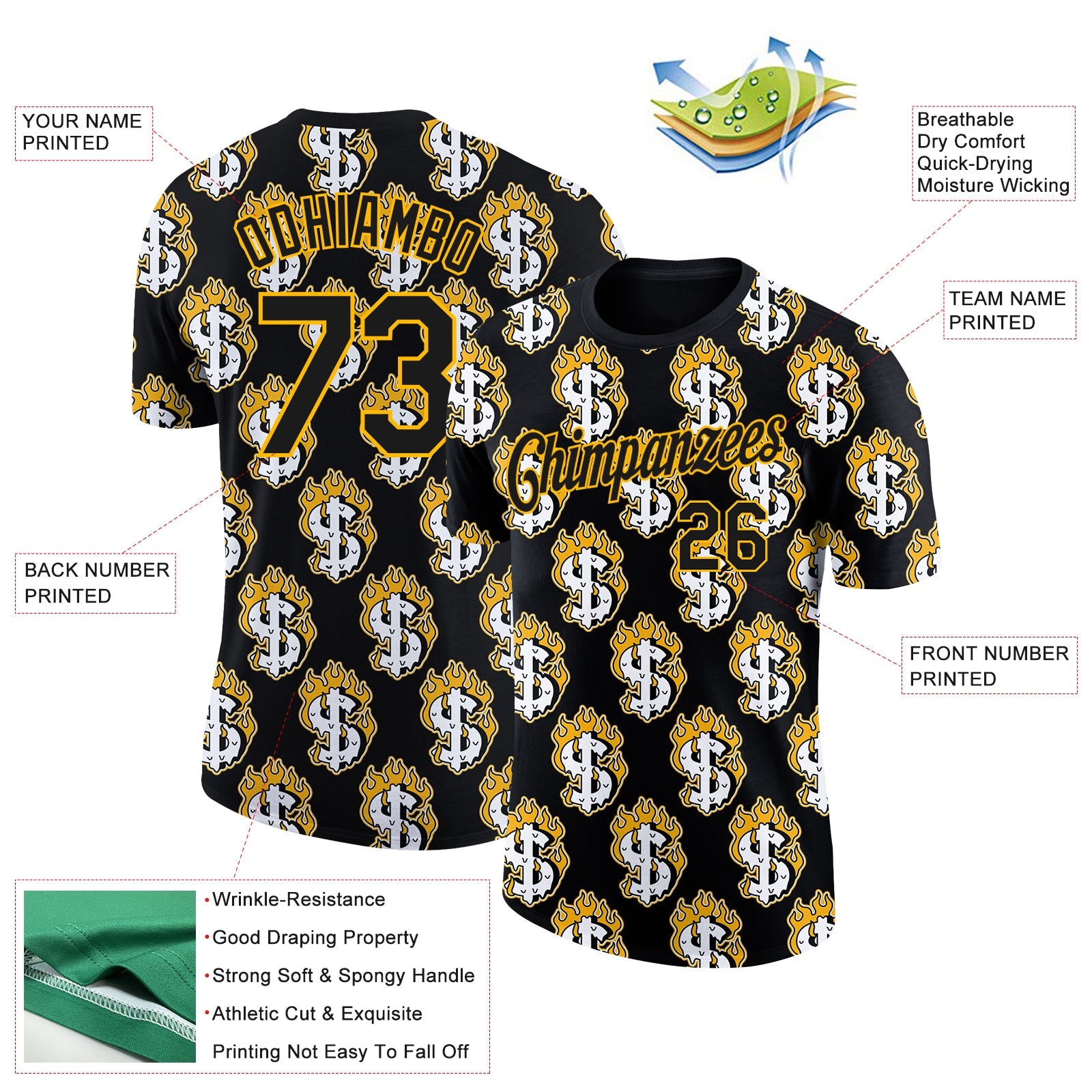 Custom Black Gold 3D Pattern Design Burnfiring Dollar Sign Money Theme Performance T-Shirt view 2