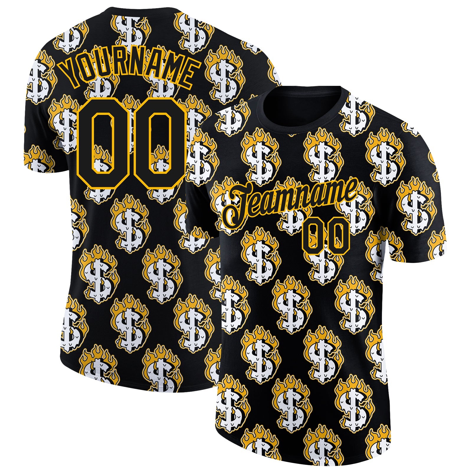 Custom Black Gold 3D Pattern Design Burnfiring Dollar Sign Money Theme Performance T-Shirt - Main View