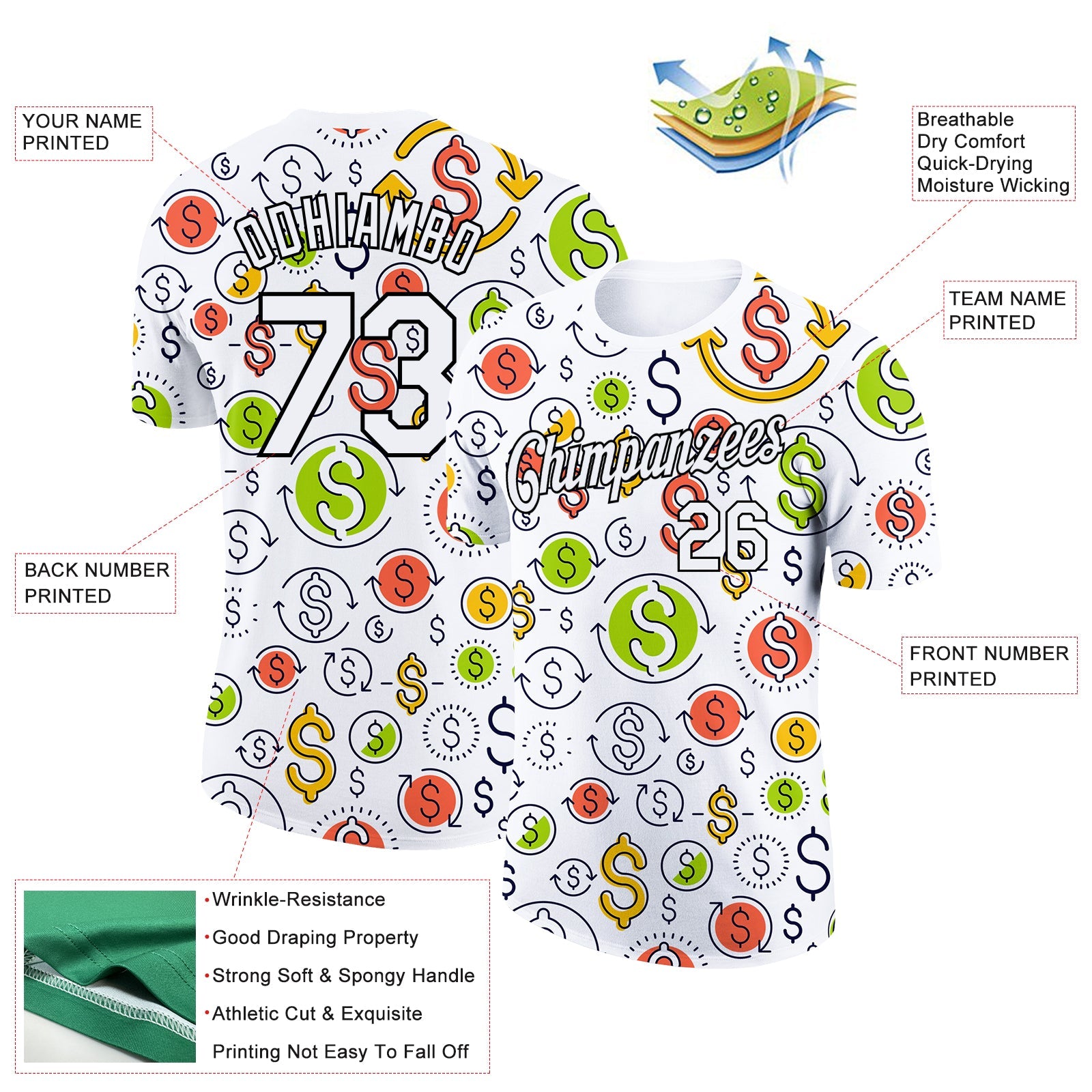 Custom White Black 3D Pattern Design Dollar Sign Money Theme Performance T-Shirt view 2