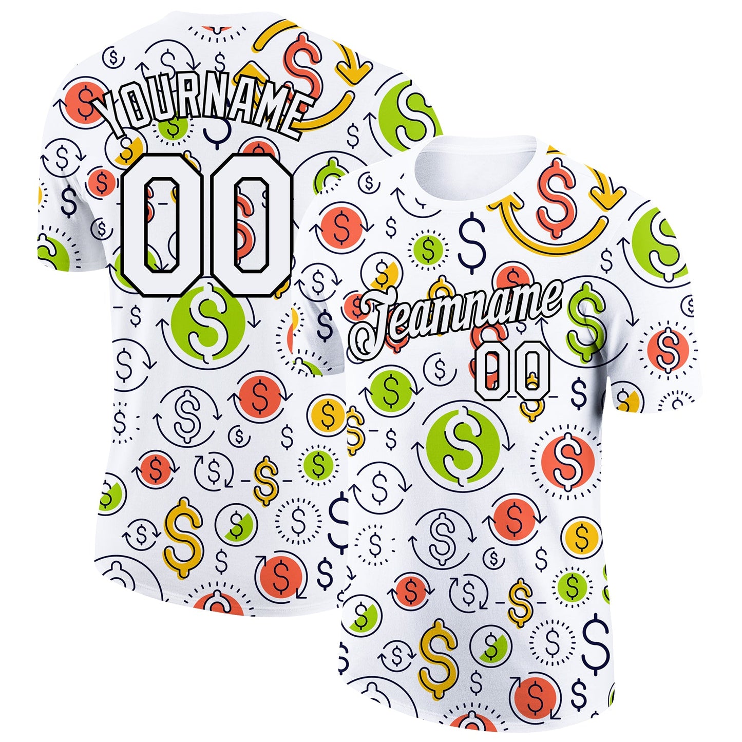 Custom White Black 3D Pattern Design Dollar Sign Money Theme Performance T-Shirt - Main View