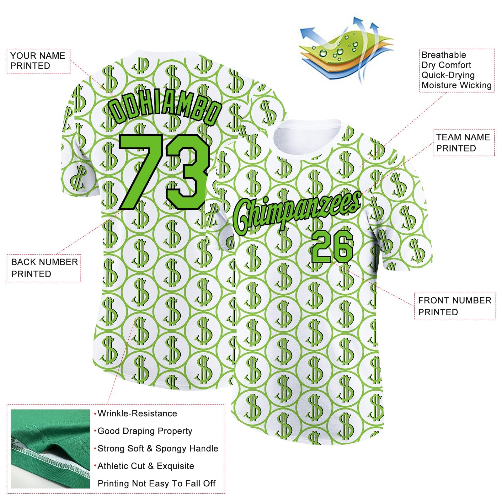 Custom White Aurora Green-Black 3D Pattern Design Dollar Sign Money Theme Performance T-Shirt view 2