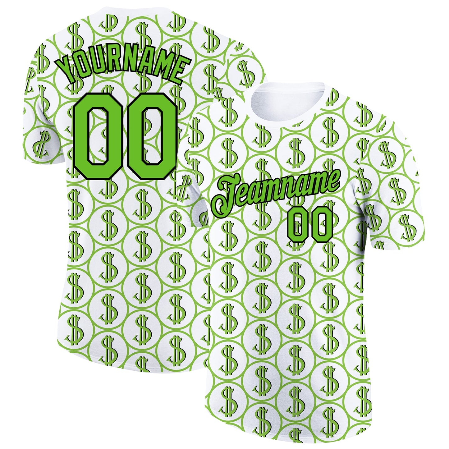 Custom White Aurora Green-Black 3D Pattern Design Dollar Sign Money Theme Performance T-Shirt - Main View