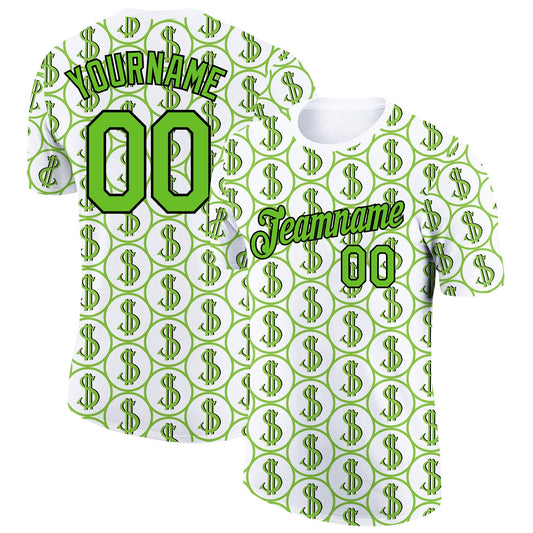 Custom White Aurora Green-Black 3D Pattern Design Dollar Sign Money Theme Performance T-Shirt - Main View