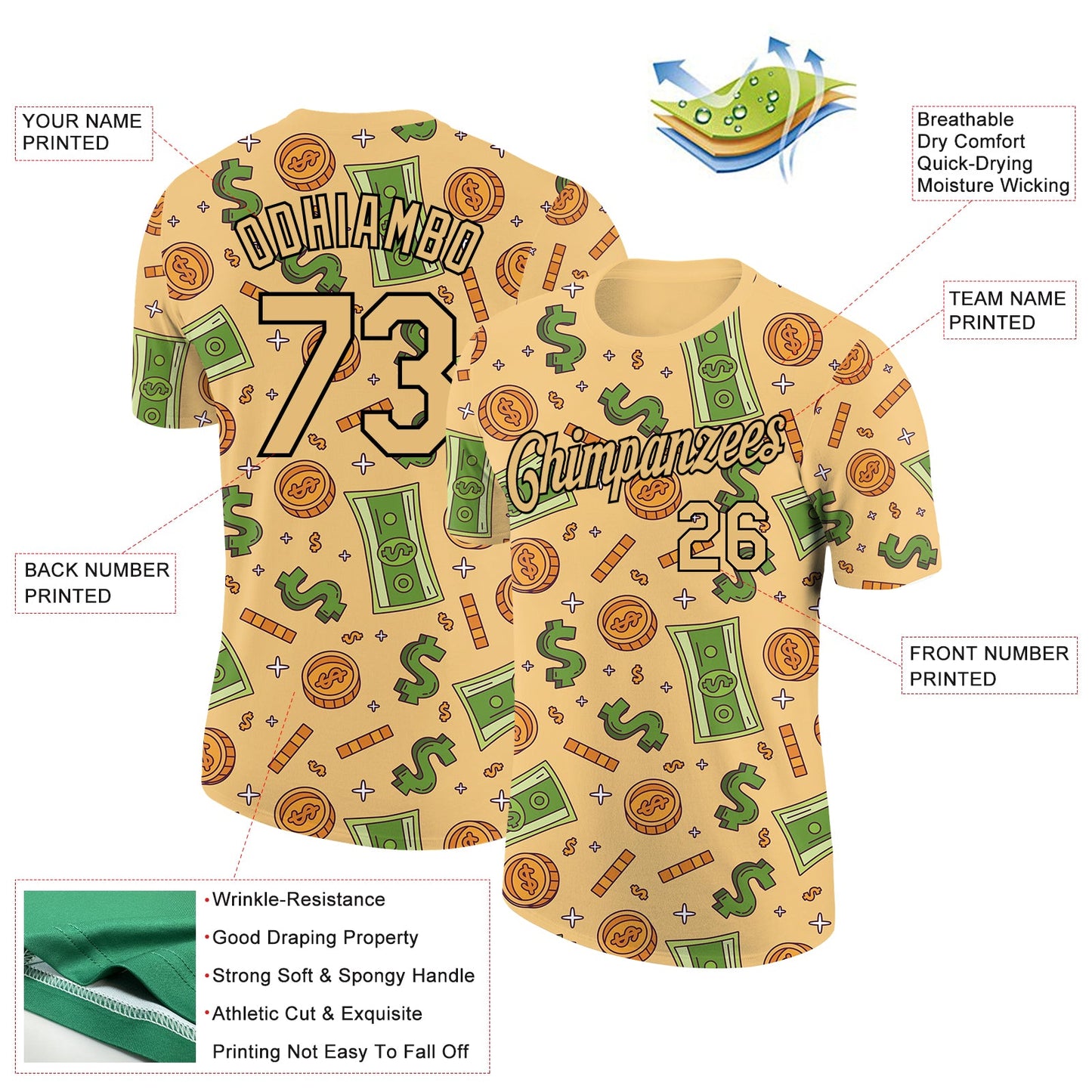 Custom Vegas Gold Black 3D Pattern Design Dollar Sign Money Theme Performance T-Shirt view 2