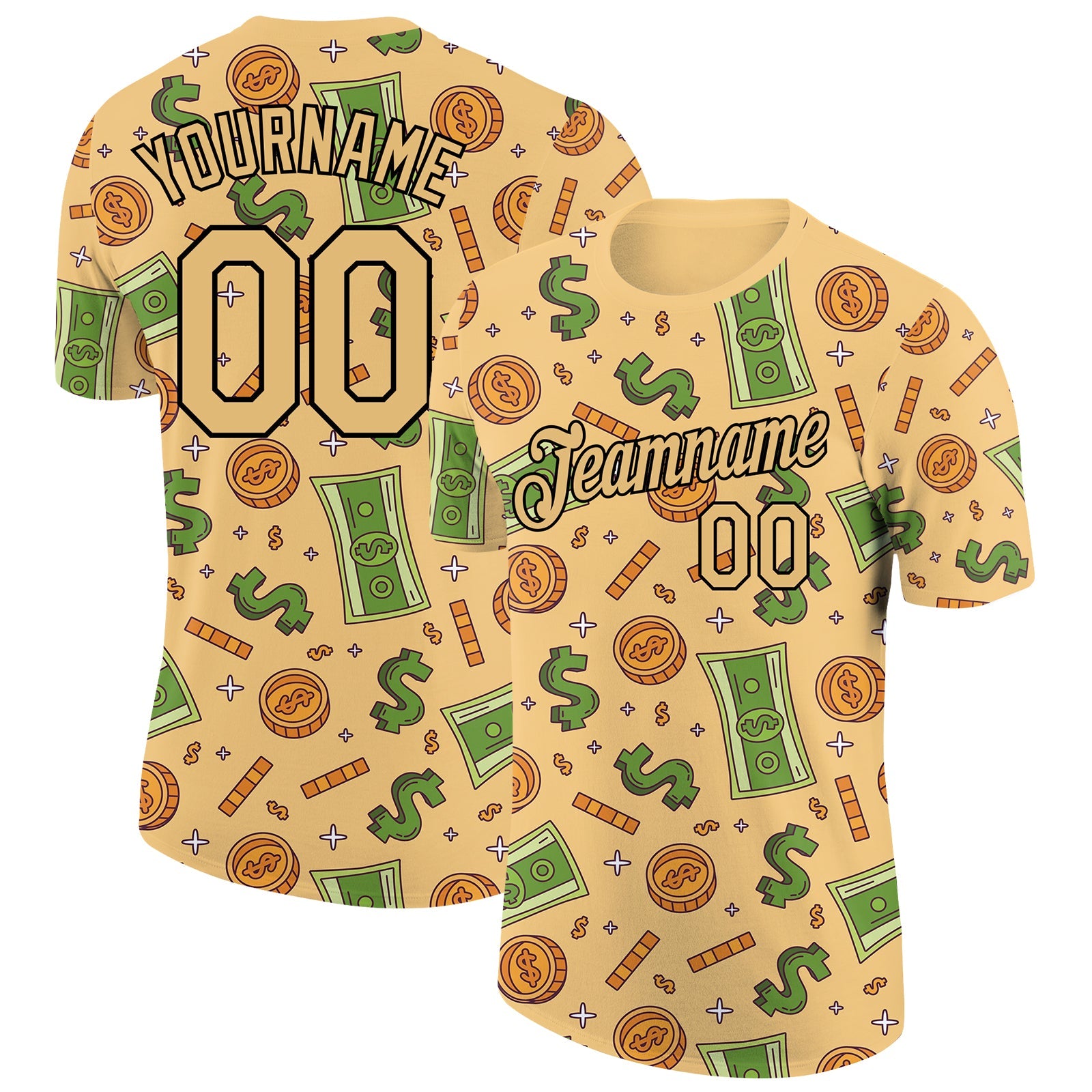 Custom Vegas Gold Black 3D Pattern Design Dollar Sign Money Theme Performance T-Shirt - Main View