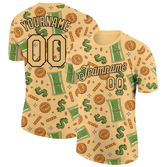 Custom Vegas Gold Black 3D Pattern Design Dollar Sign Money Theme Performance T-Shirt - Main View